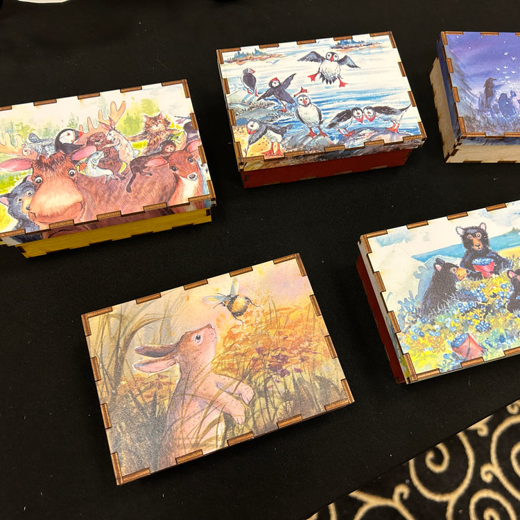 Treasure boxes featuring illustrations from the books on cover