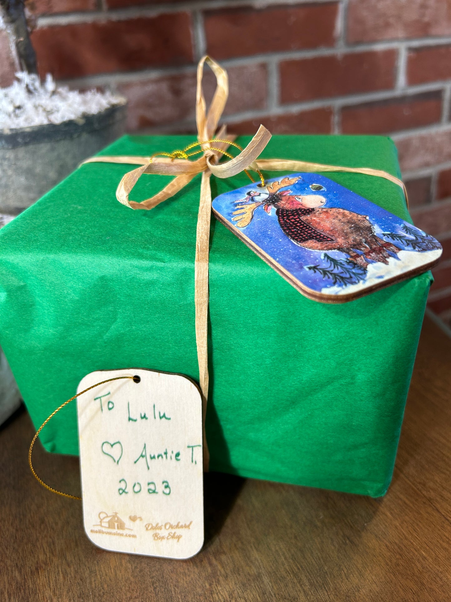 Moose & chickadee holiday cheer ornament