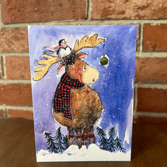 Moose and Chickadee Holiday Fun: Greeting Card with Envelope