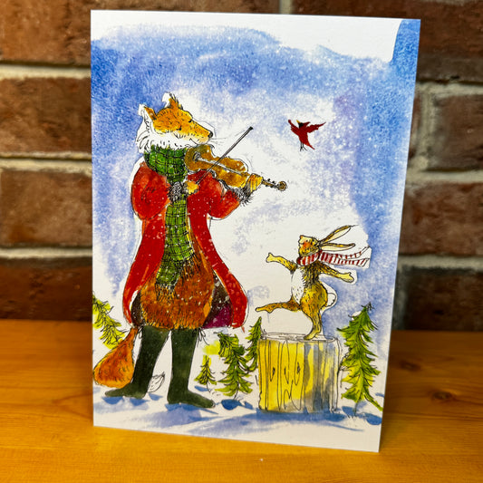 Fiddling Fox and Dancing Rabbit greeting card with envelope