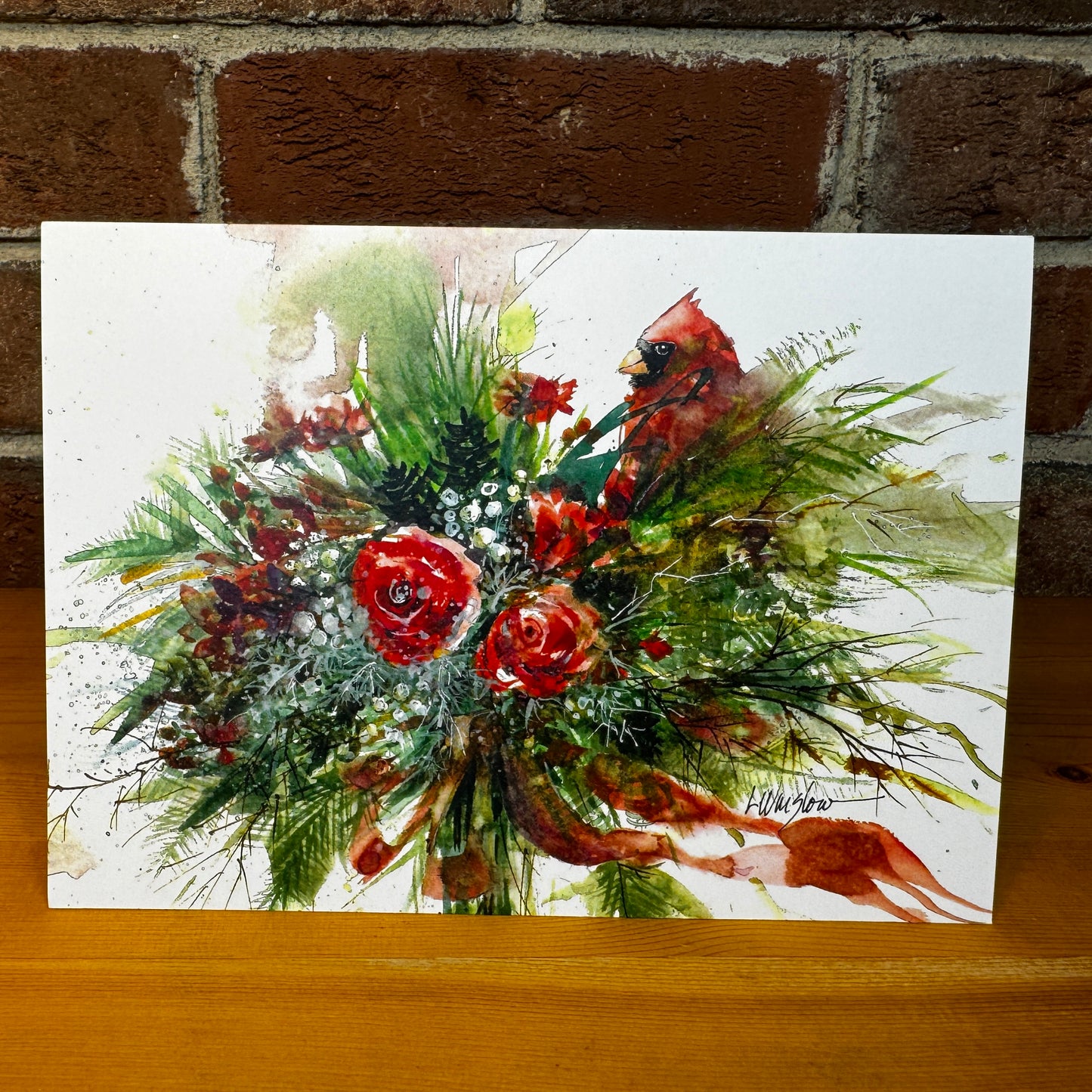 Cardinal and seasonal roses greeting card with envelope