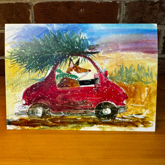 Fox and Christmas Tree in the Car greeting card with envelope