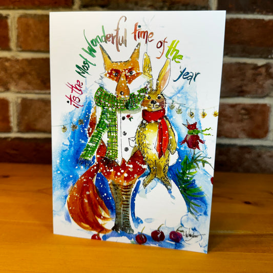 It's The Most Wonderful Time Festive Fox and Rabbit greeting card with envelope