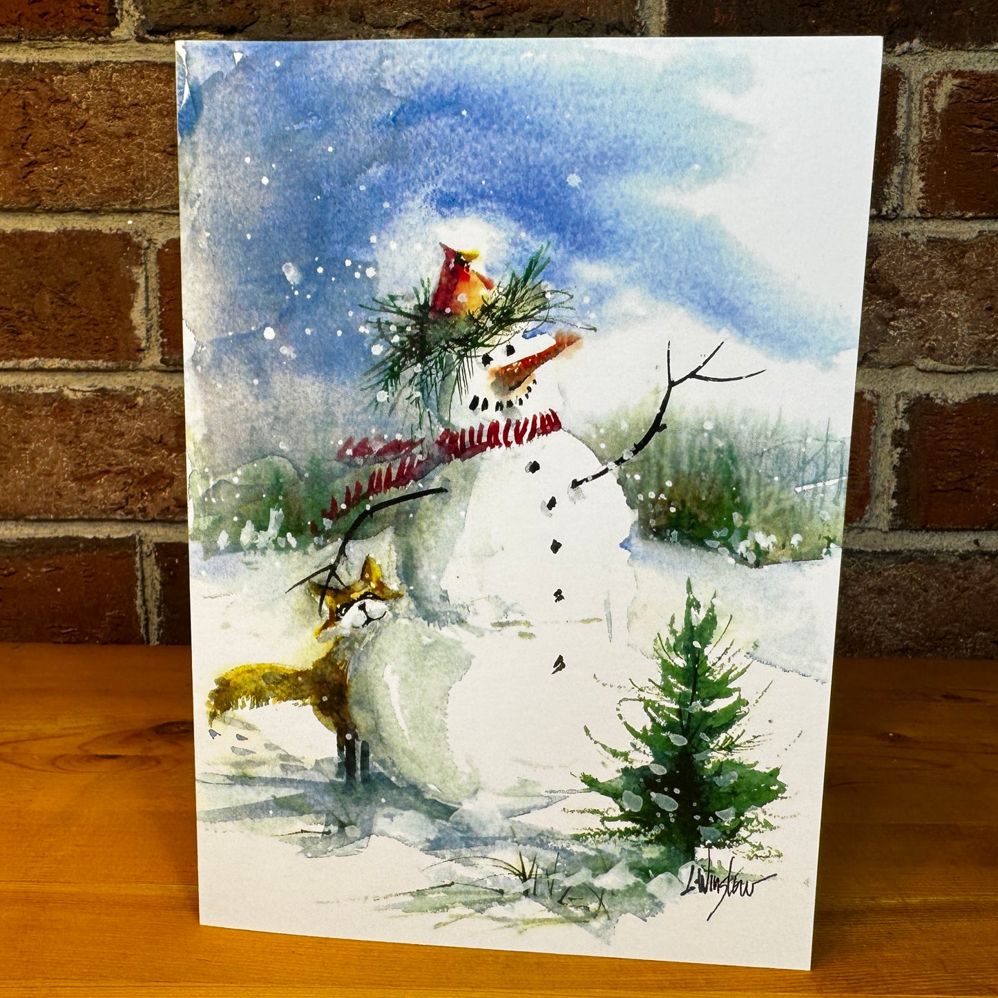 Happy Snowman, Fox and Cardinal greeting card with envelope