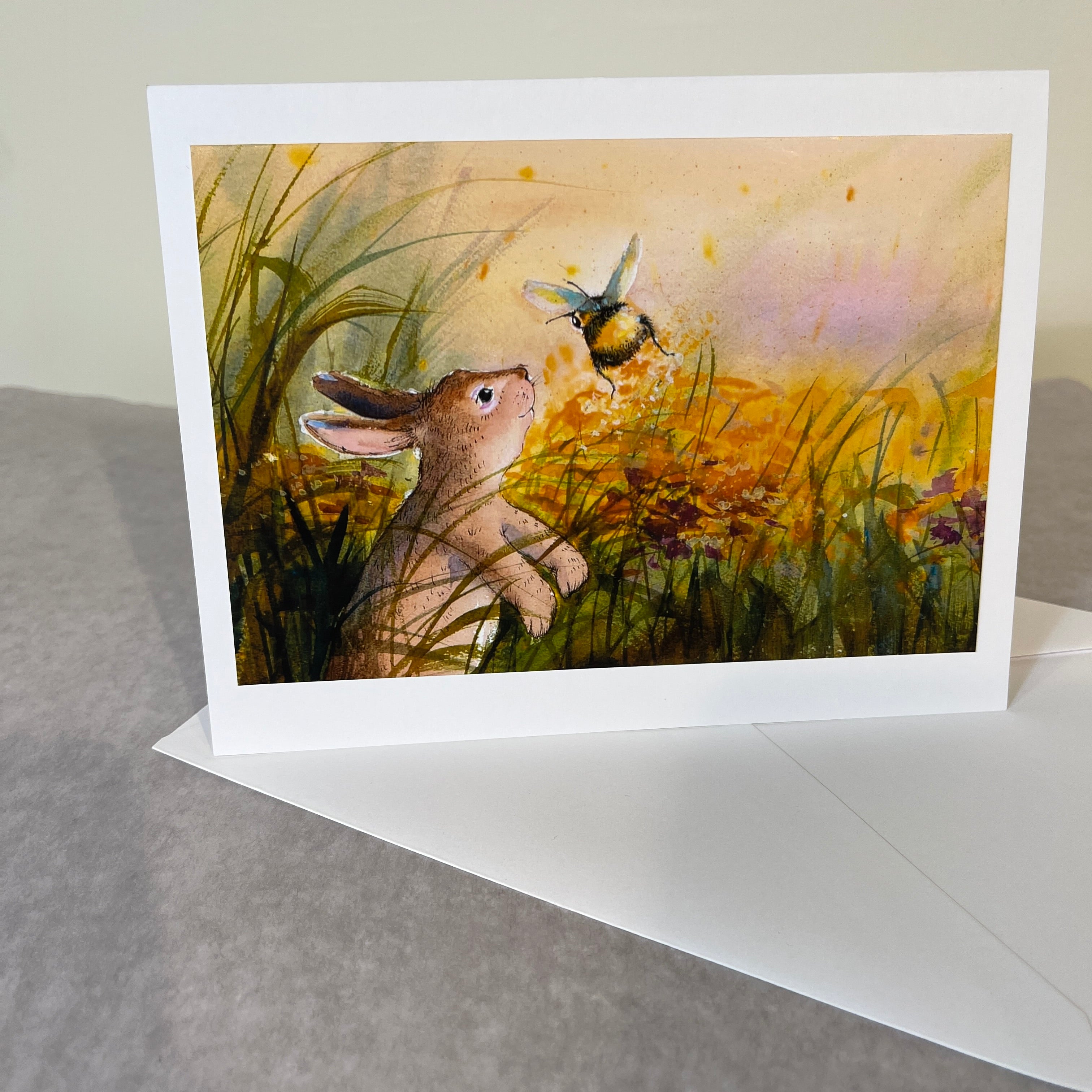 rabbit meets bumble bee photo note card illustration by Laura Winslow from Hop Onward Rabbit Rabbit