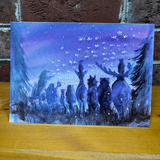 Animal friends making wishes under a starry sky - Greeting Card with Envelope - Illustration from The Maine Birthday Book