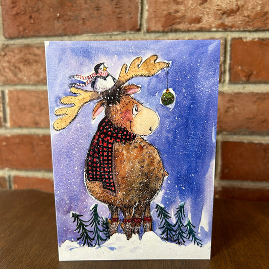 Moose and Chickadee Holiday Fun: Note Card with Envelope