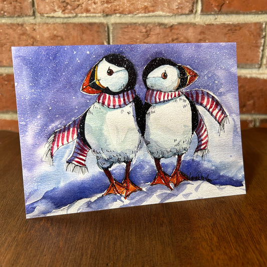 Puffins in candy cane-colored scarves: Note Card with Envelope
