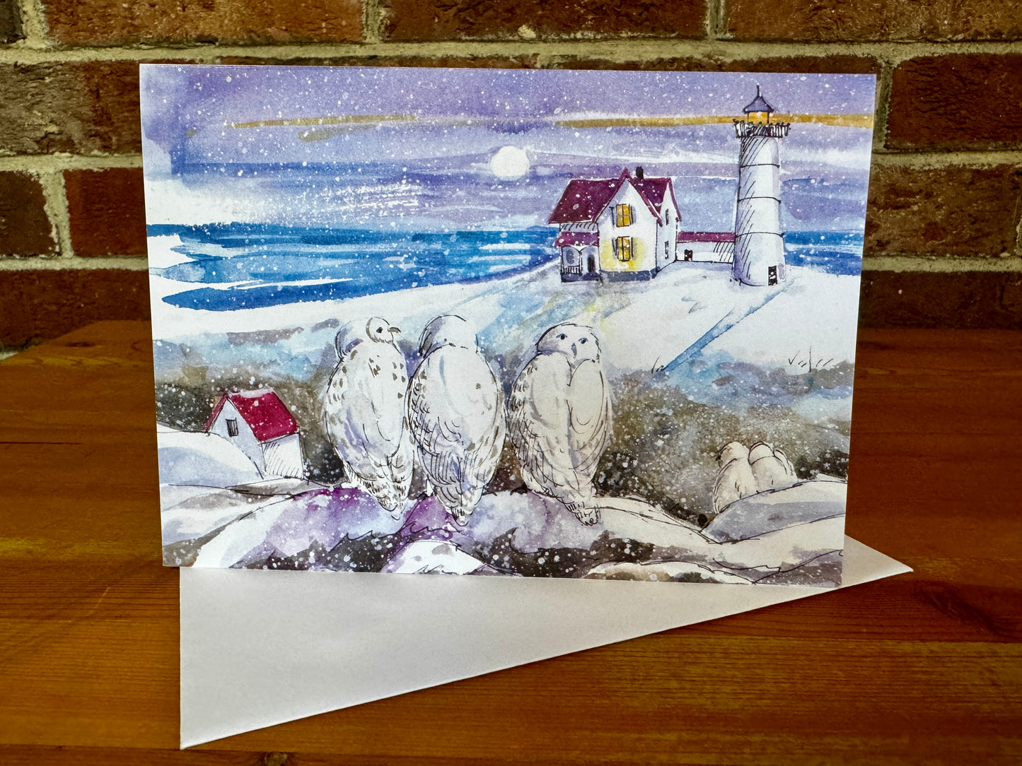 Snowy Owls at Nubble Light Card with Envelope - Illustration from The Maine Birthday Book