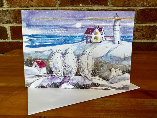 Snowy Owls at Nubble Light Card with Envelope - Illustration from The Maine Birthday Book