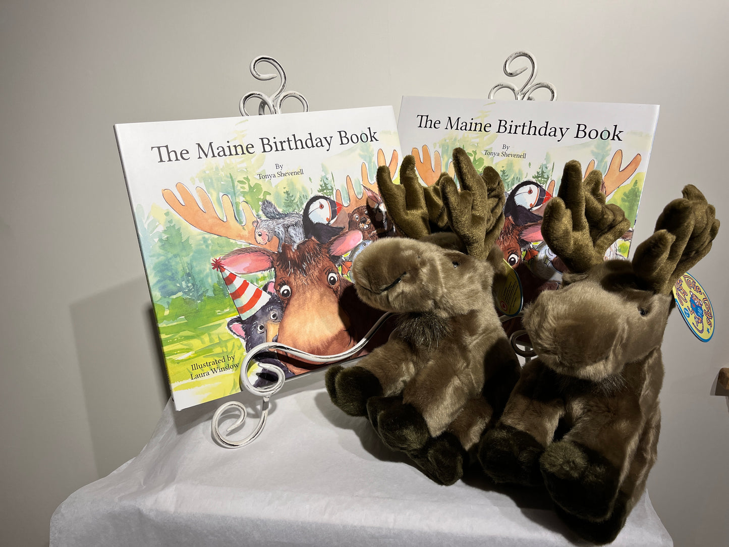 Two Maine Birthday Books and Two Stuffed Moose