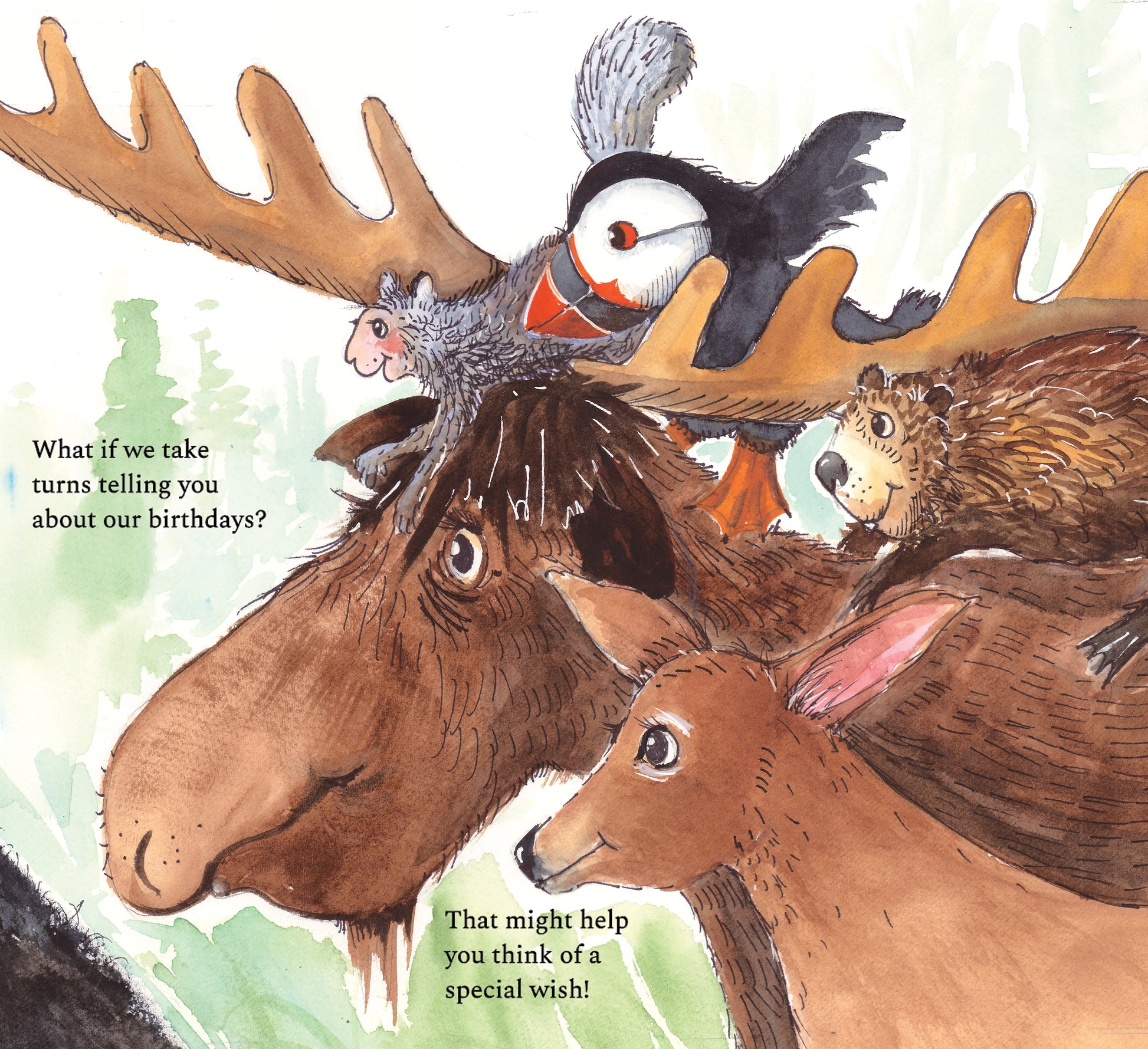 Page from inside The Maine Birthday Book with moose deer puffin beaver squirrel