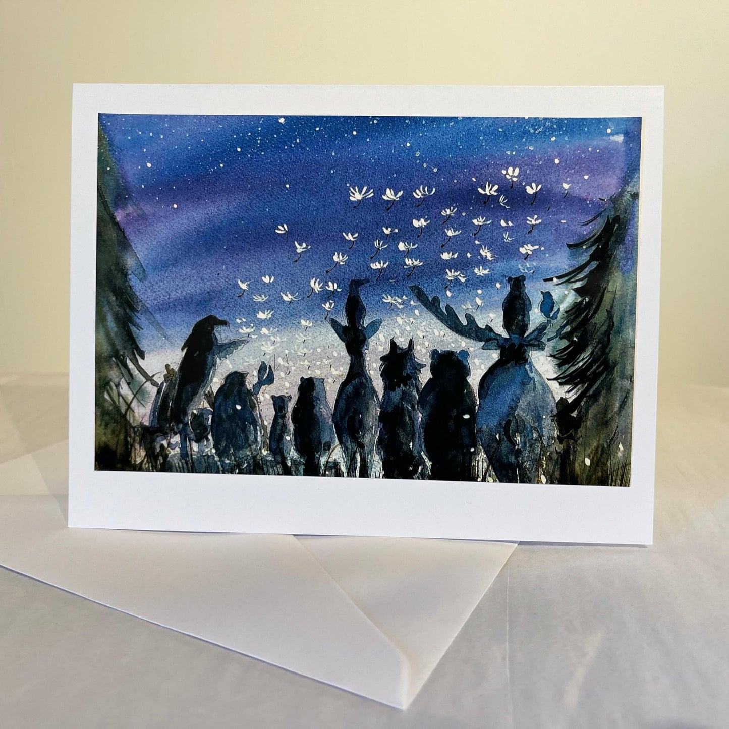 animal silhouettes looking into starry sky illustration note card with envelope