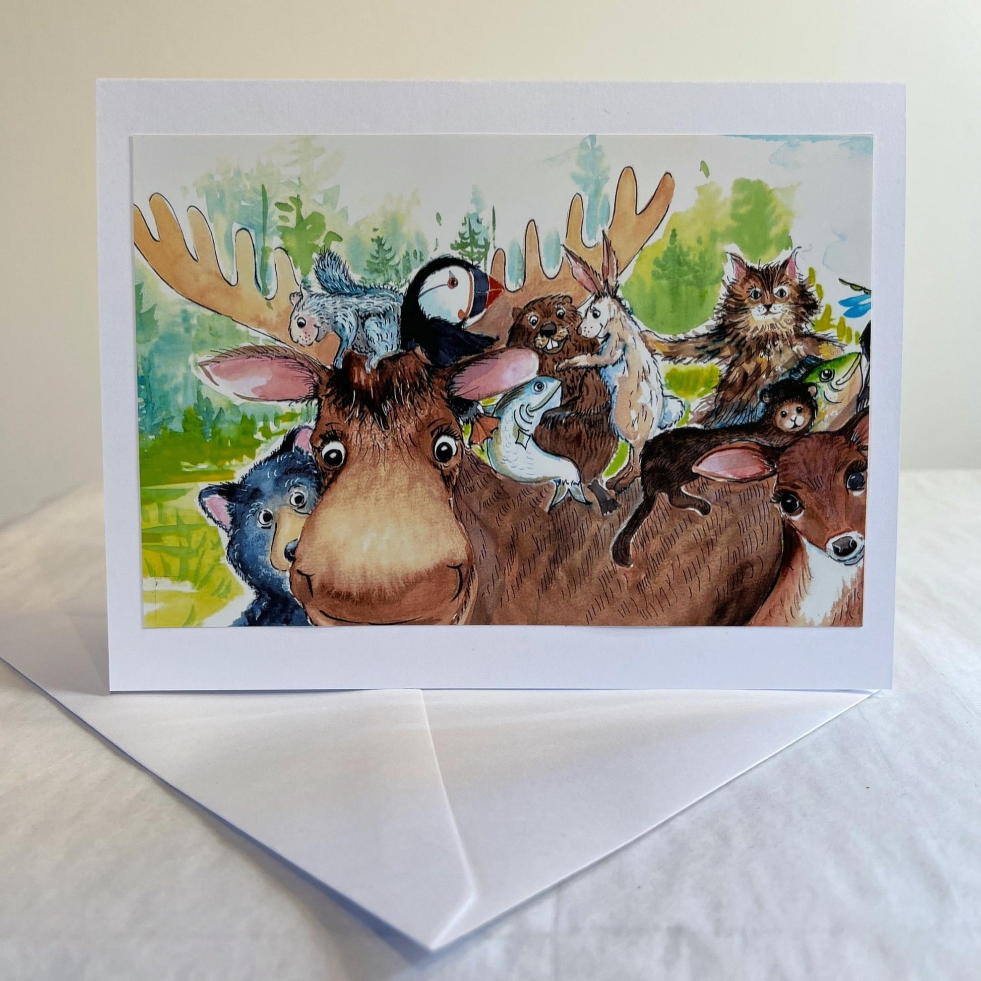 animals from cover of maine birthday book on a note card with envelope