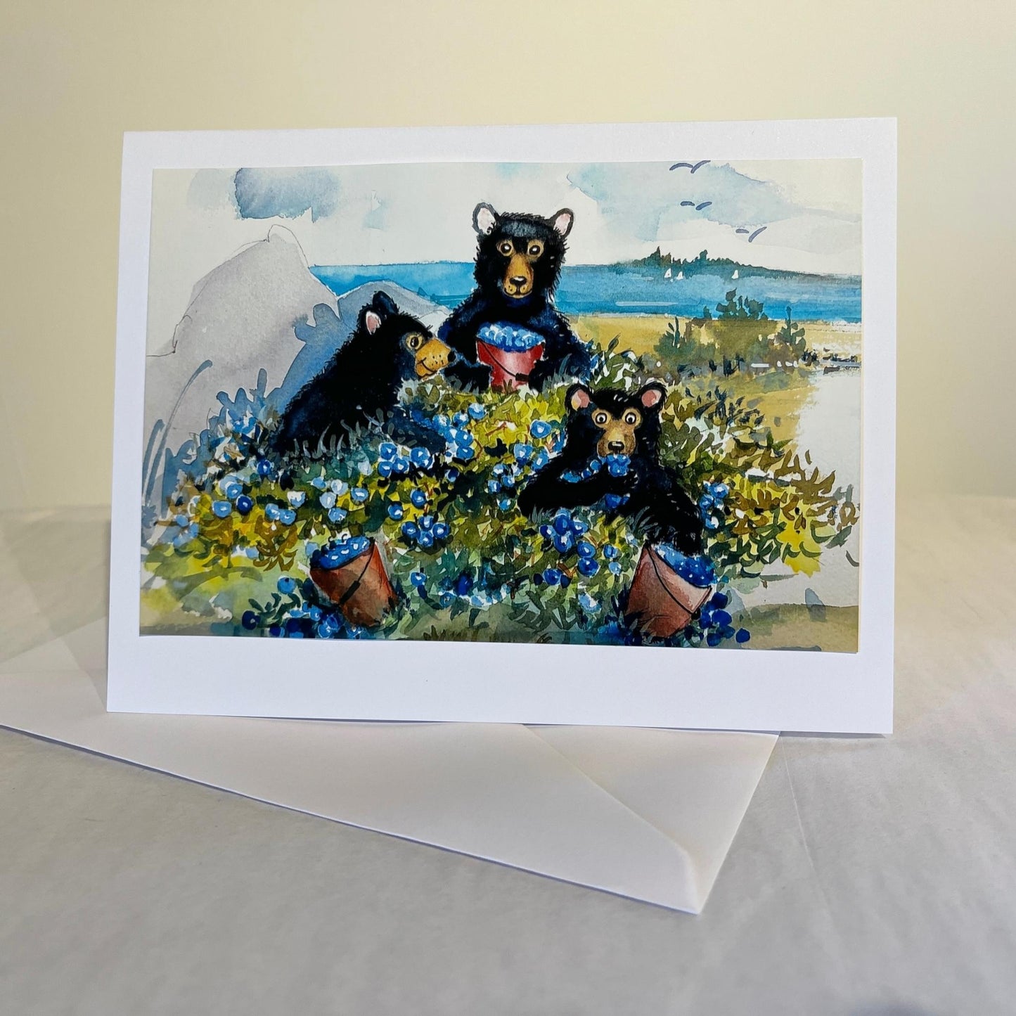 bears eating blueberries illustration note card with envelope