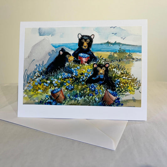 bears eating blueberries illustration note card with envelope