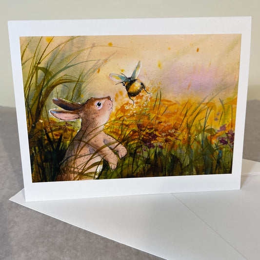 new england cottontail rabbit meets bumble bee  photo note card with envelope illustration from Hop Onward Rabbit Rabbit book