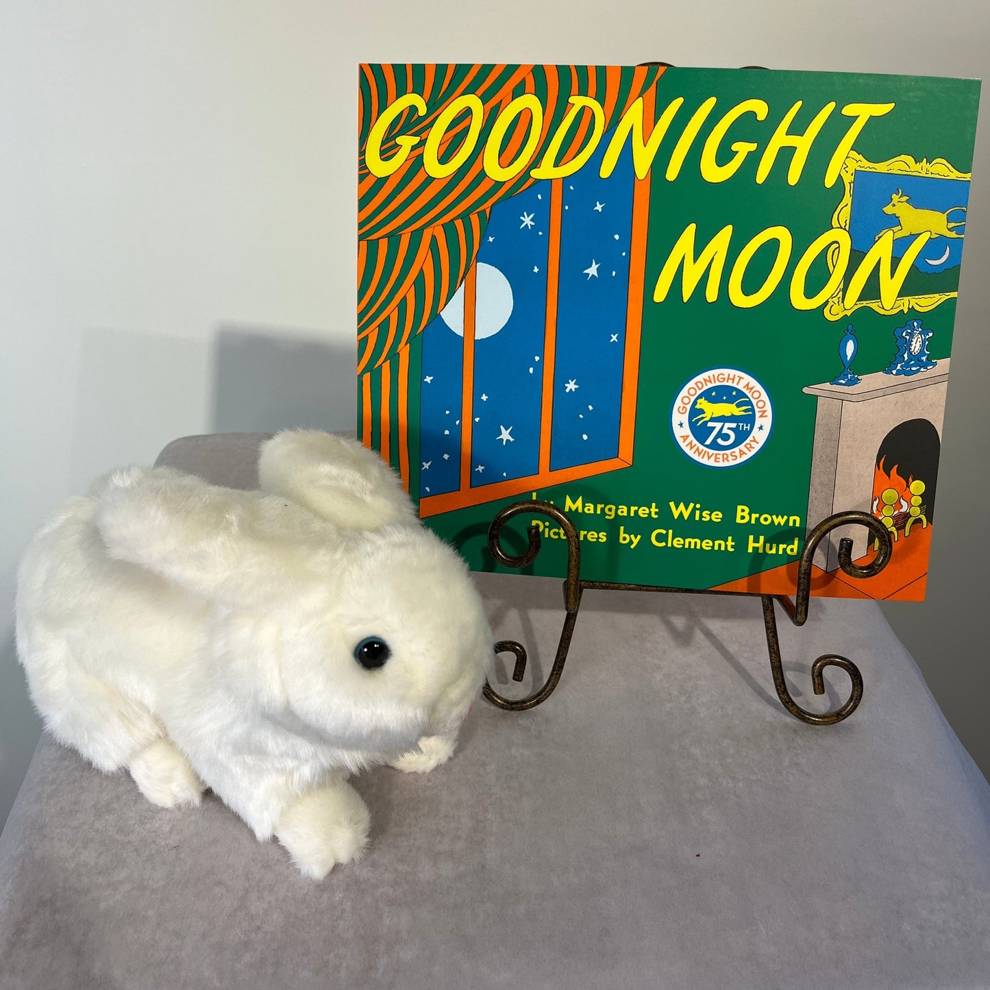 Goodnight Moon softcover book and white plush stuffed rabbit