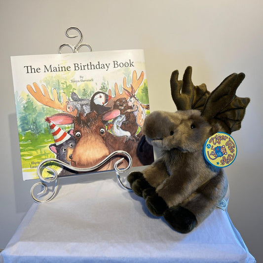 The Maine Birthday Book with stuffed moose