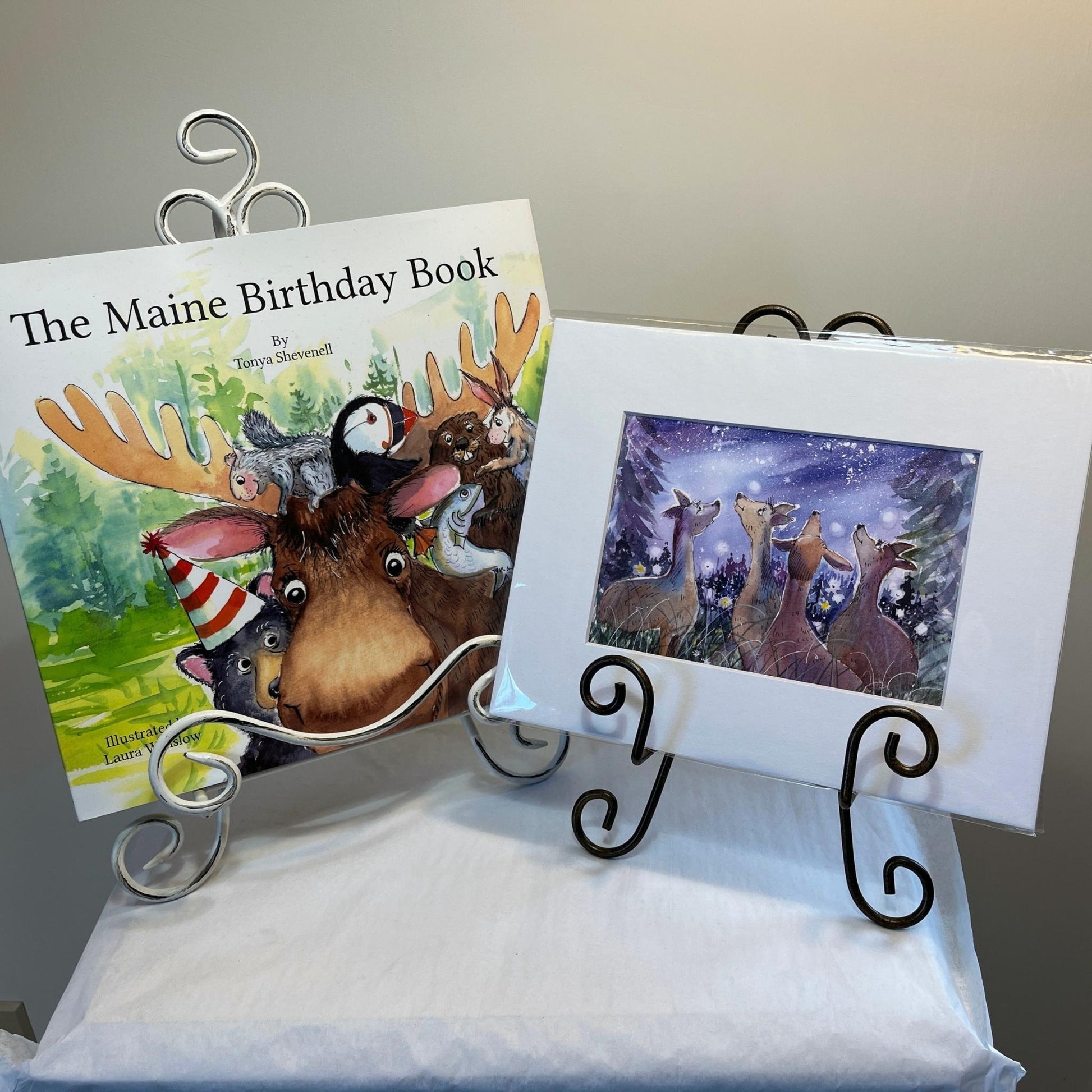 Maine Birthday Book and Deer in Meadow under starry skies art print