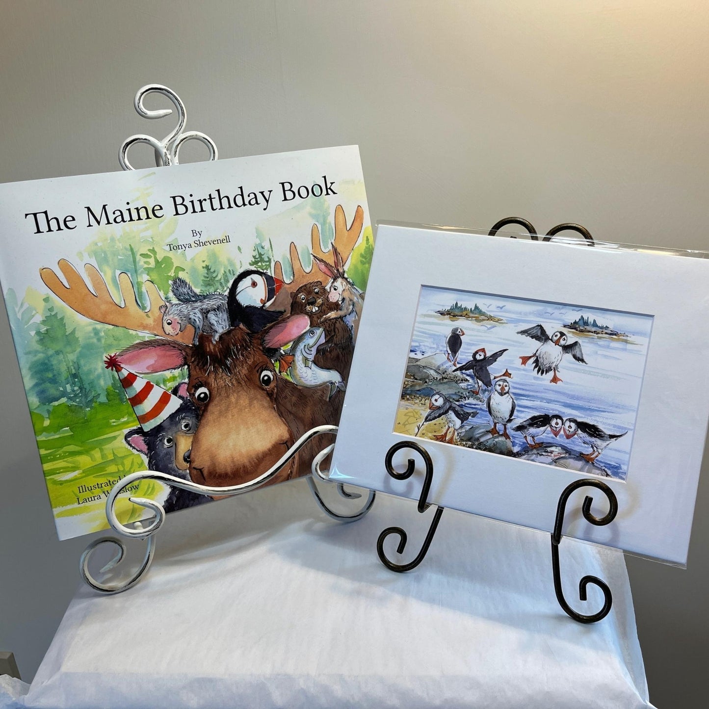 Maine Birthday Book and Puffins Playing Art Print