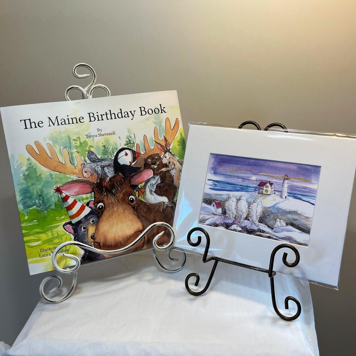 Maine Birthday Book and Snowy Owls at Nubble Light Art Print
