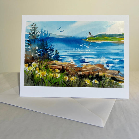 maine seascape with lighthouse illustration note card and envelope