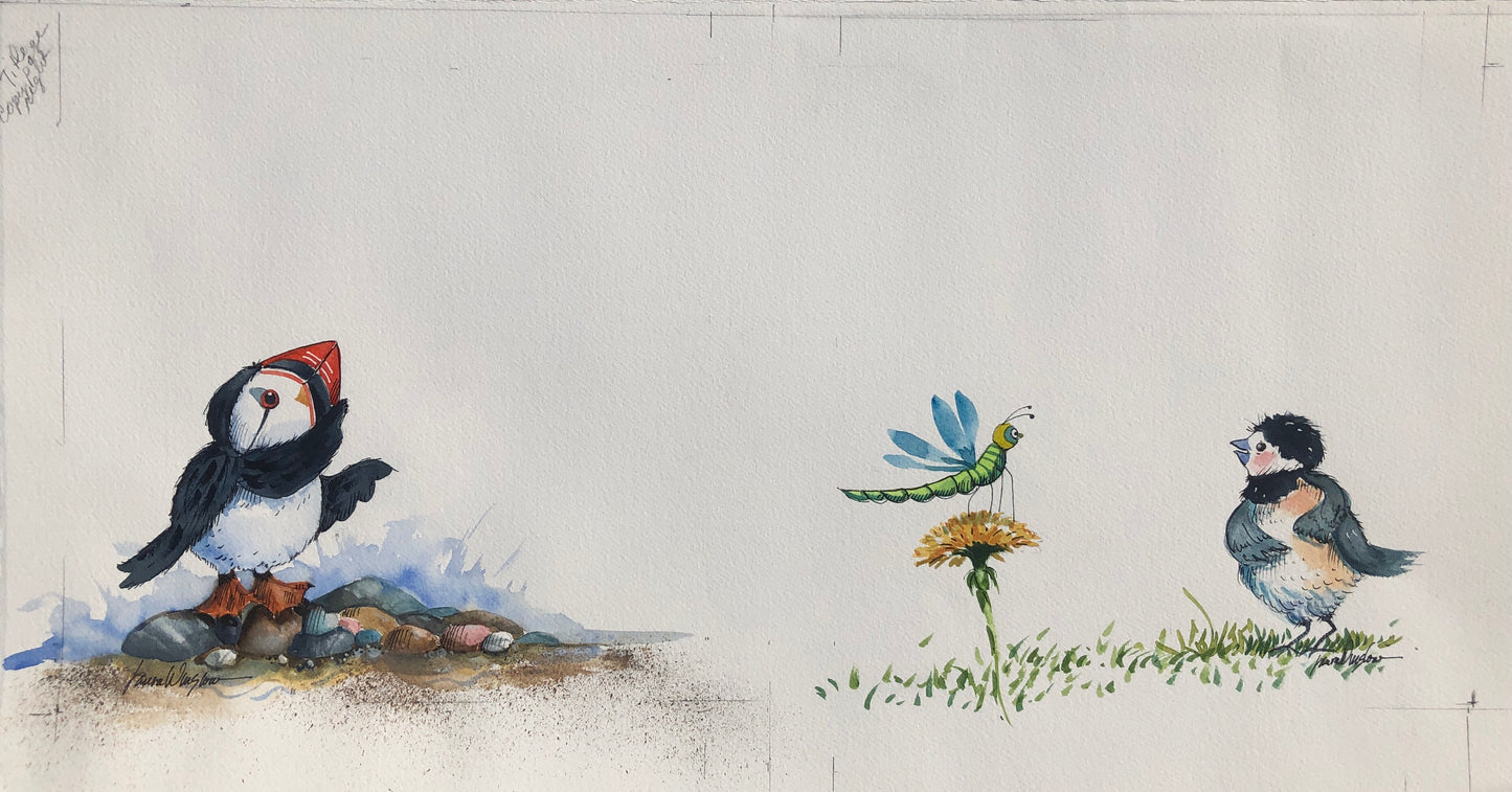Puffin/Dragonfly/Dirigo the Chickadee - Original Watercolor Painting from the pages of The Maine Birthday Book by Laura Winslow