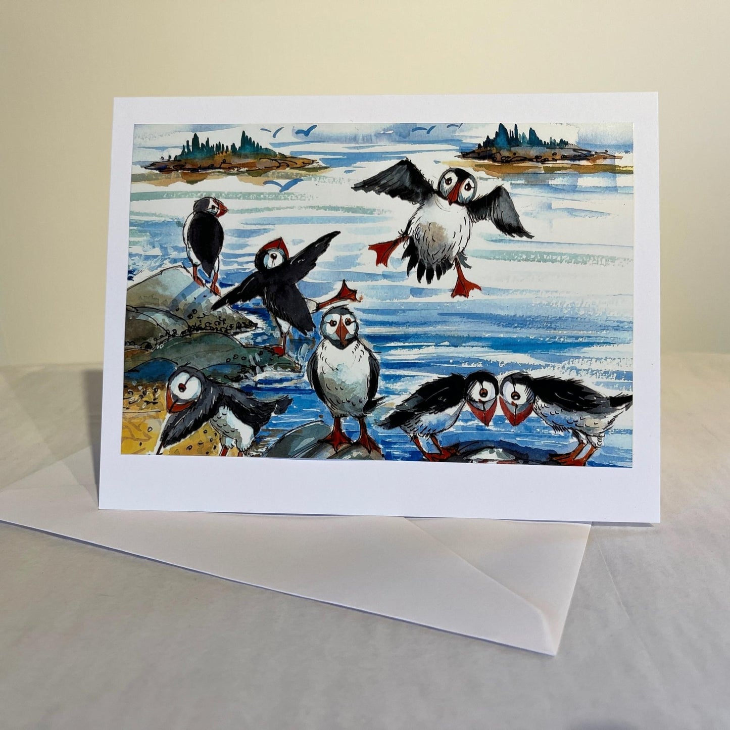 puffins playing illustration note card and envelope