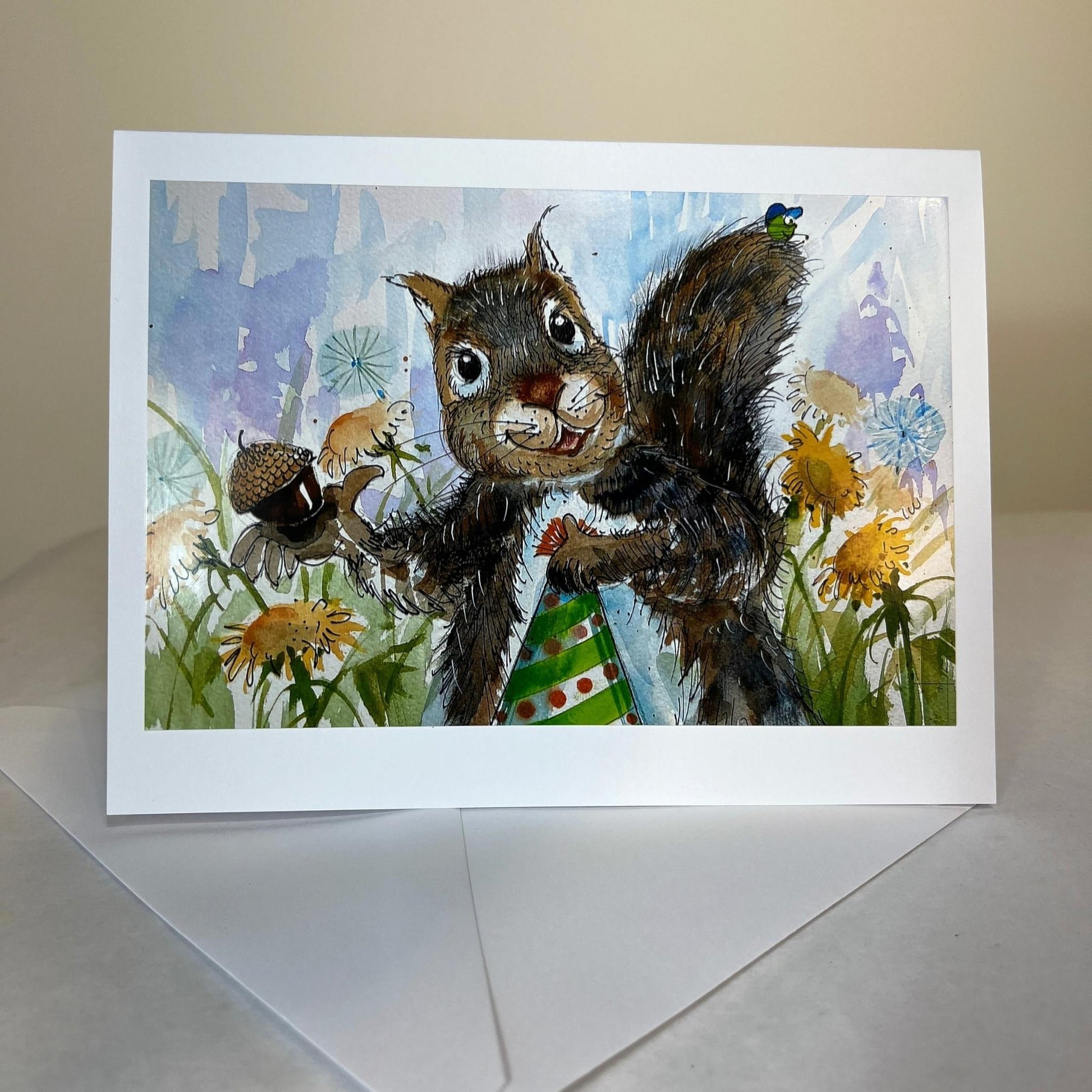 squirrel with party hat and acorn note card and envelope